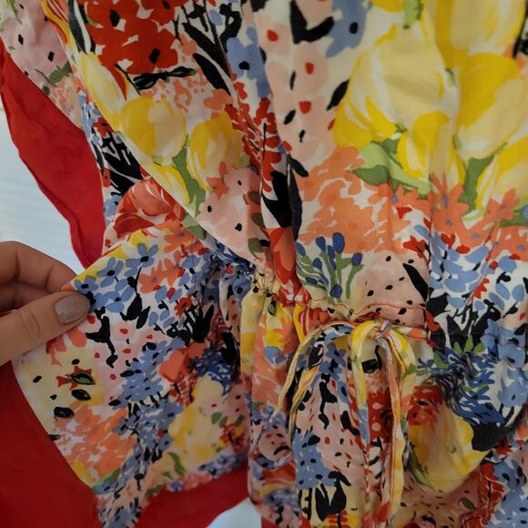 Floral Batwing Kaftan Blouse Red Trim Waist Tie Charter Club XXL 2X - Picture 8 of 9